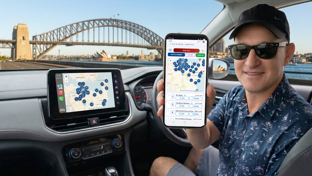 Sydney Self-Guided Audio Tour Web App on a phone
