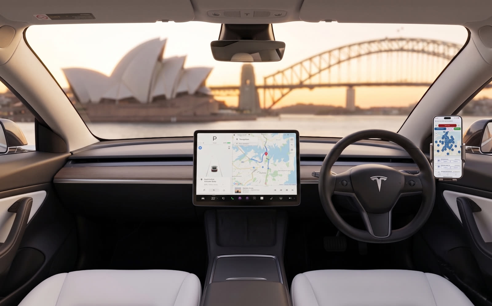 Car interior with the Opera House and Harbour Bridge ahead and the guide running on a phone in a cradle