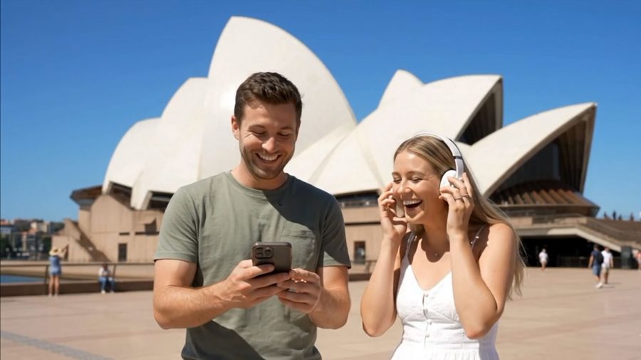 A couple at the Opera House listening to the audio guide, one on headphones, one holding the phone