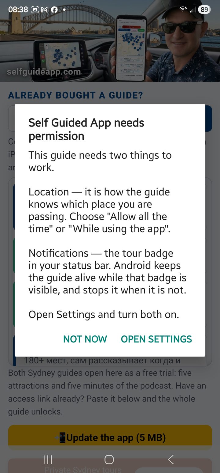 The app explaining that it needs location and notifications