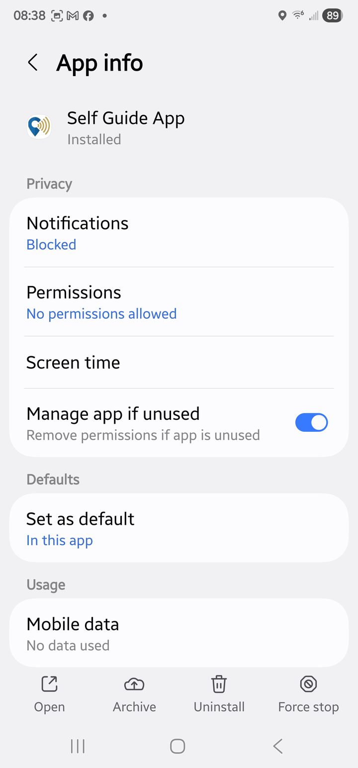 App info screen: notifications blocked, no permissions allowed