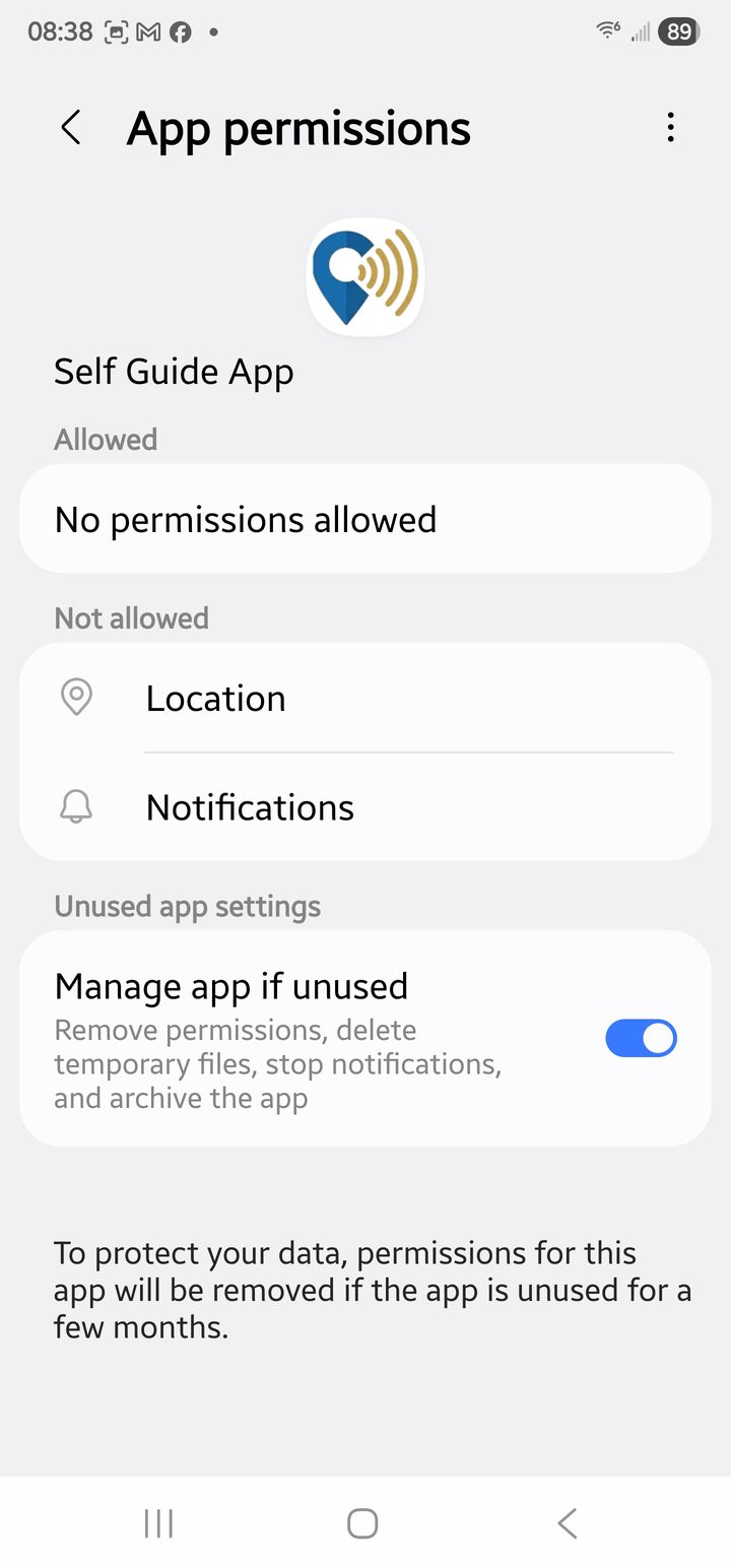 App permissions screen with location and notifications not allowed