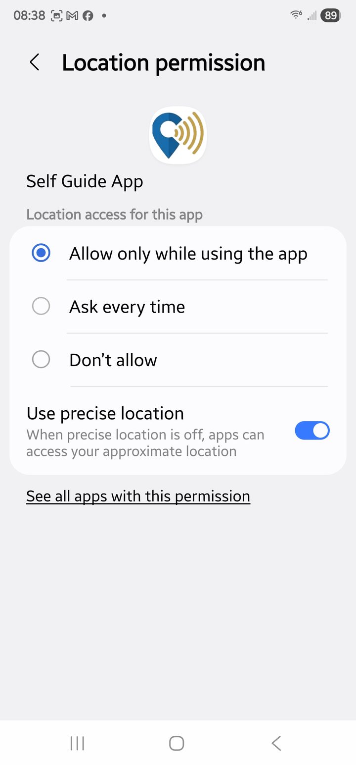 Location permission set to allow only while using the app
