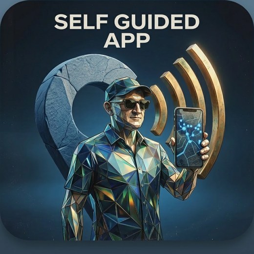 Self Guide App - a guide holding a phone with the GPS map, inside the app icon
