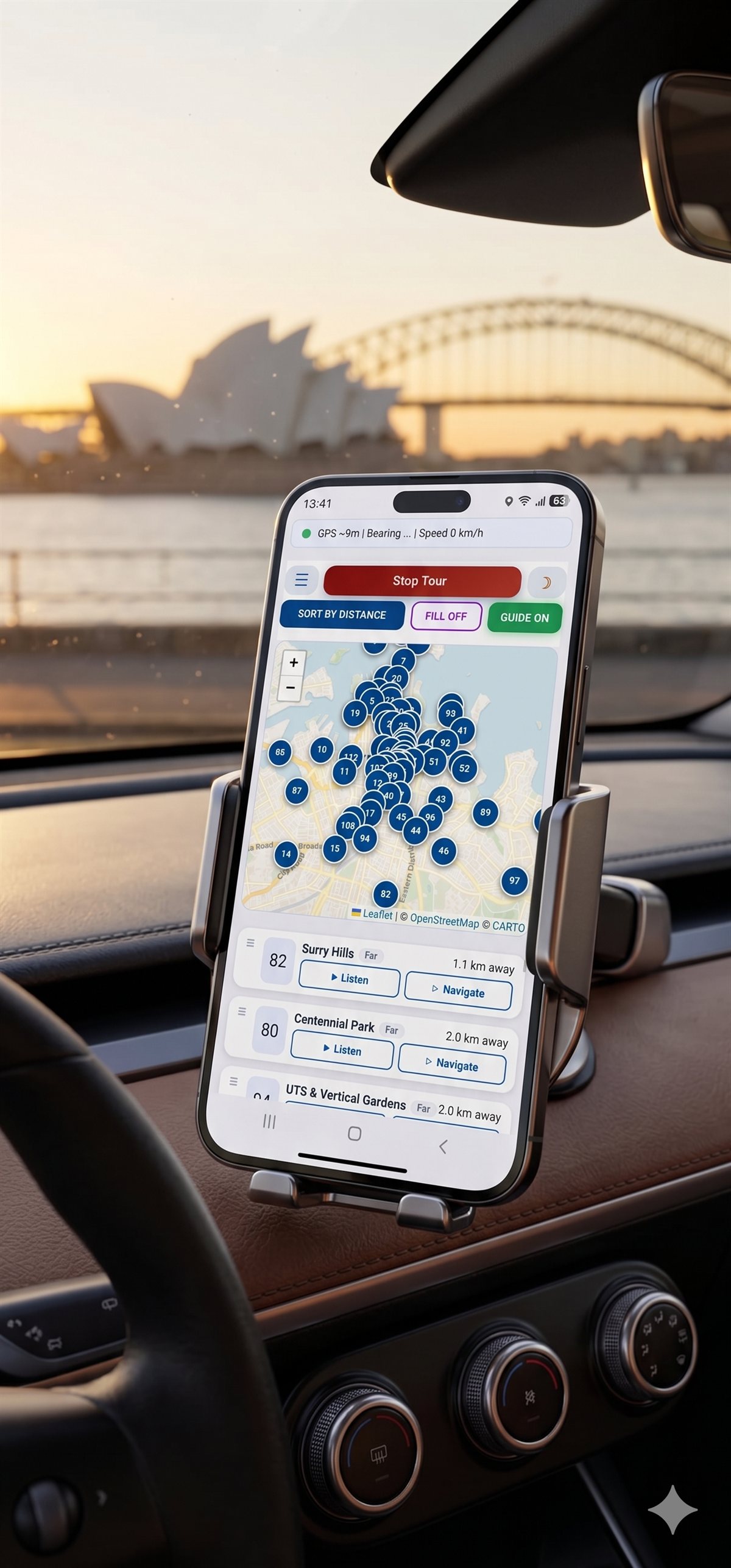 Sydney Self-Guided Audio Tour Web App on smartphone — Sydney Harbour Bridge and Opera House view through the windshield