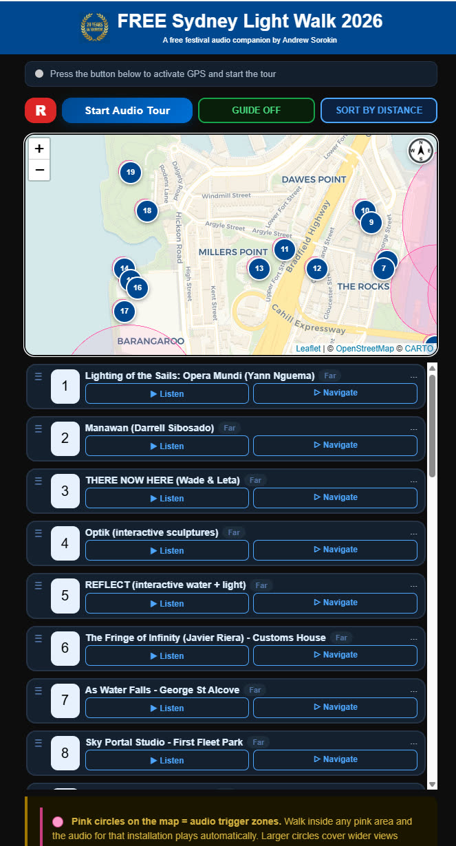 Sydney Light Walk 2026 festival audio guide interface showing numbered installations and pink audio trigger zones on the map